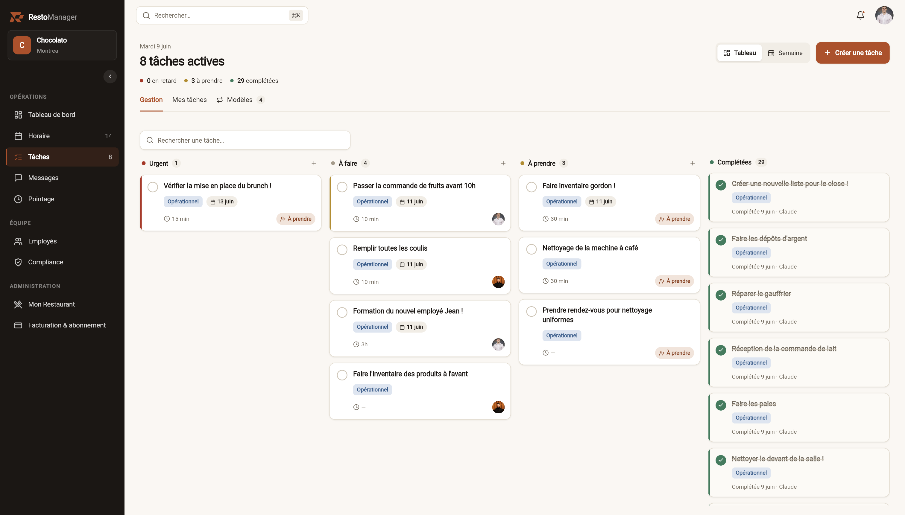 Manager view of opening and closing tasks on a desktop