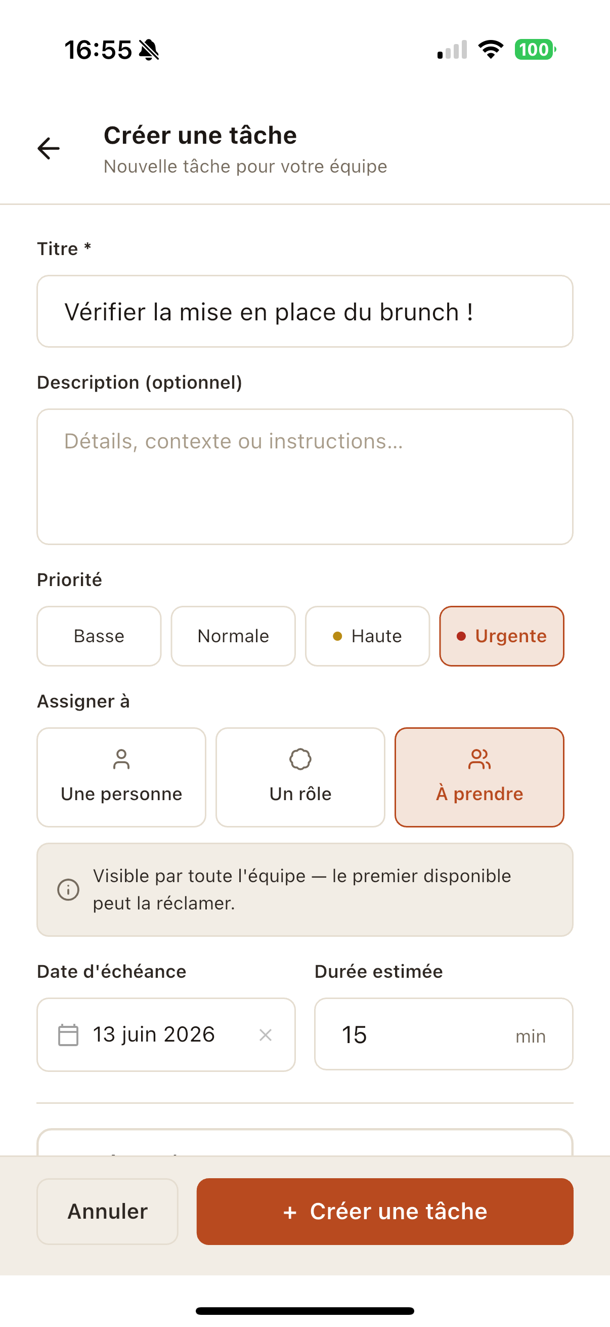 Creating a new task on the employee phone